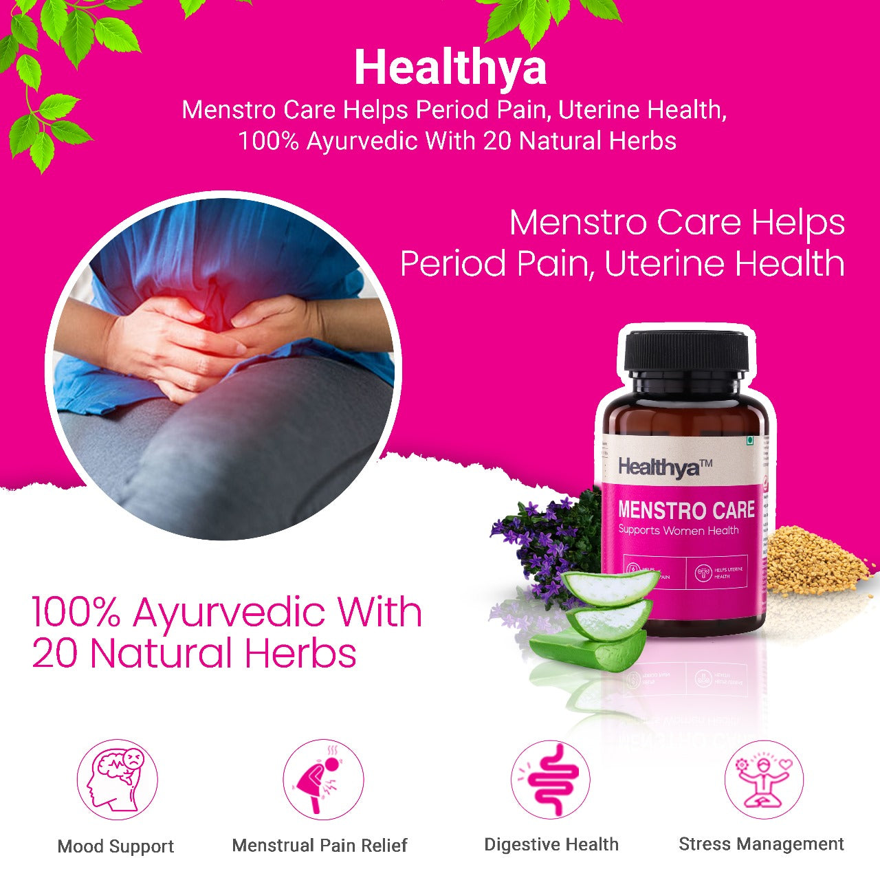 Healthya Menstro Care 100% Ayurvedic 60 Capsules, Relief From Period Pain, Cramps, Menstural Pain, Better Mood